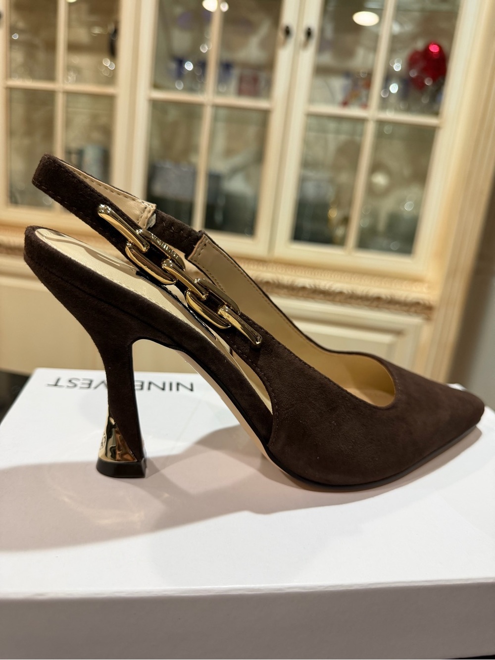Nine West Dark Brown Suede Slingback Pumps with Gold Chain Accent